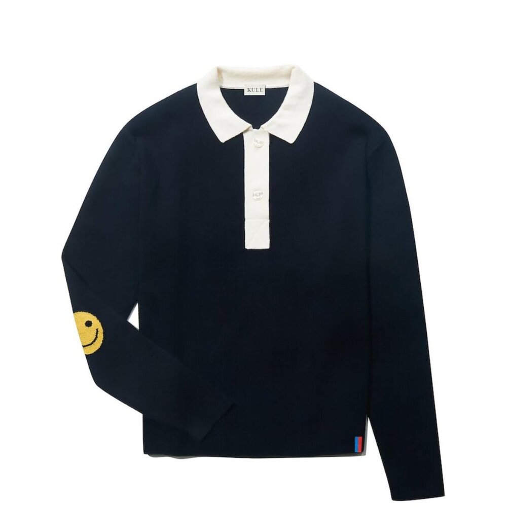 RARE KULE Fellini cashmere polo rugby sweater top navy blue smiley face elbow M
